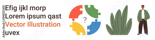 Problem-solving, teamwork, education, environment, casual fashion, personal identity. Multicolor puzzle circle, abstract plant and male figure. Problem-solving and teamwork concept
