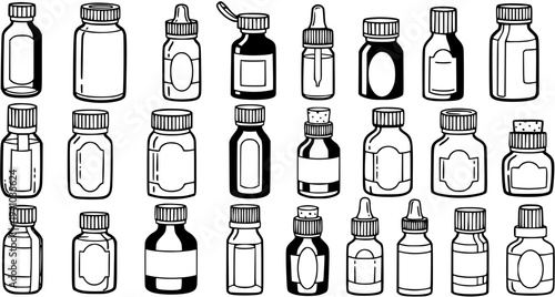 Black and White Line Art Set of Medical and Pharmaceutical Bottles, Vials, and Droppers for Health, Wellness, and Cosmetic Products