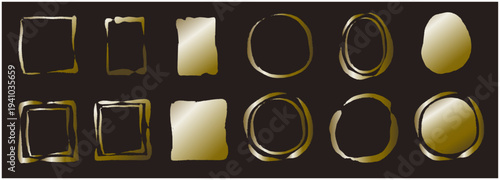 黄金の筆書きフレームセット、ベクター、和柄、筆文字、円、四角、高級感、正月、年賀状、飾り枠、背景素材、豪華