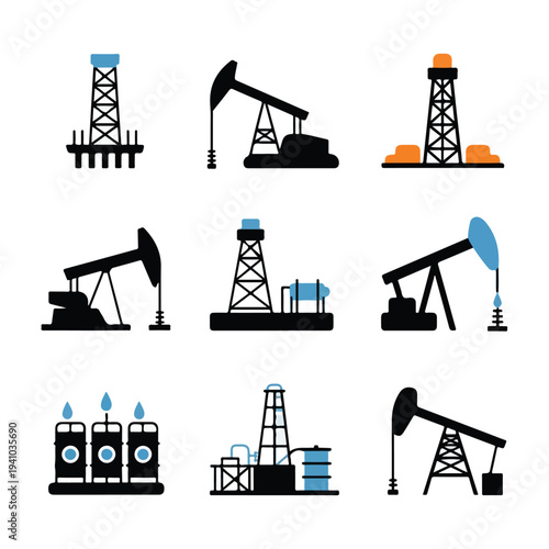Modern oil drilling icon set featuring rig barrel pipeline energy industry symbols vector