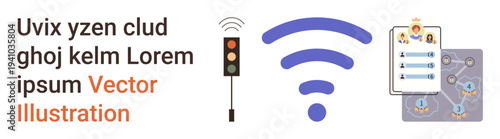 Smart city, wireless technology, connectivity solutions, traffic management, digital applications, IoT systems. Traffic signal, wireless symbol and connected digital diagram. Smart city and wireless