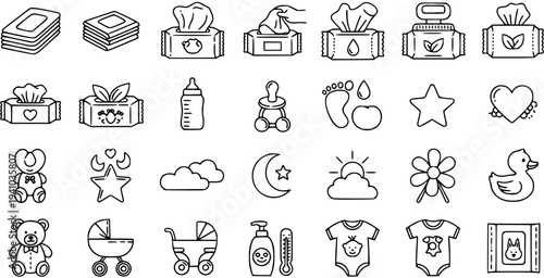 Baby Care Icons: Line Art Set - Wet Wipes, Bottle, Pacifier, Stroller, Teddy Bear, Clothes