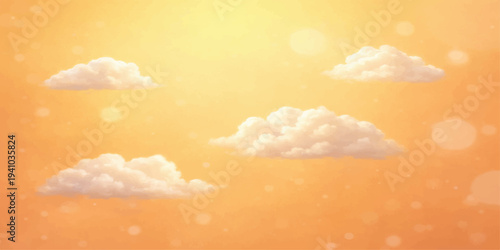 Bright sunlight breaks through fluffy white cumulus clouds in a beautiful blue summer sky, creating a radiant nature cloudscape filled with heavenly rays and glowing light