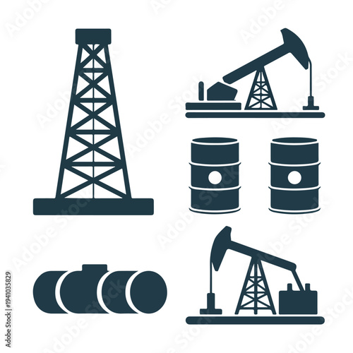 Modern oil drilling icon set featuring rig barrel pipeline energy industry symbols vector