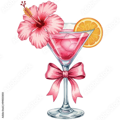 Vibrant Pink Cocktail with Hibiscus Flower and Orange Slice, Perfect for Summer Celebrations and Tropical Escapes