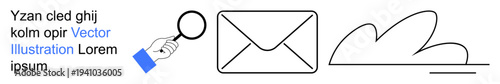 Digital communication, email management, data storage, technology innovation, cloud security, file sharing. Hand holding magnifying glass, an envelope and a cloud. Digital communication and email