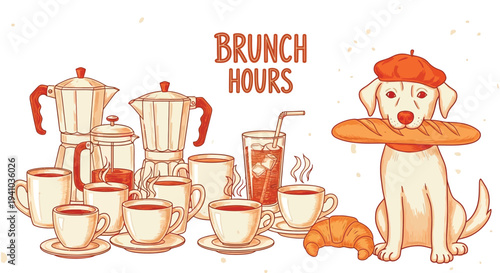 A Whimsical Brunch Scene Featuring a Charming Dog Holding a Baguette Surrounded by Coffee and Pastries