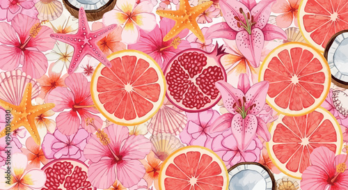 Vibrant Summer Tropical Fruit and Flower Pattern with Starfish and Seashells