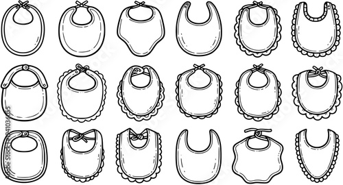 Black and White Line Art of Various Baby Bibs for Newborns and Toddlers