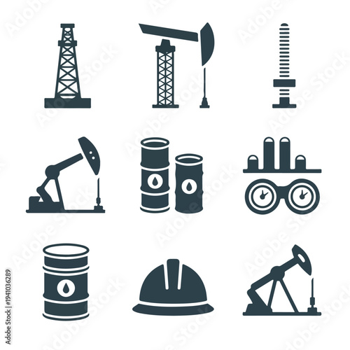 Modern oil drilling icon set featuring rig barrel pipeline energy industry symbols vector