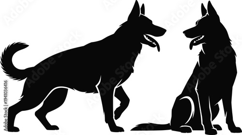 German Shepherd dog silhouette pair showing standing and sitting poses, black canine vector illustration isolated on white background for pet design and guard dog concept
