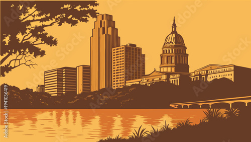 Midday Cityscape Silhouette Across Water with Prominent Government Building and High Rise Structures Austin Skyline