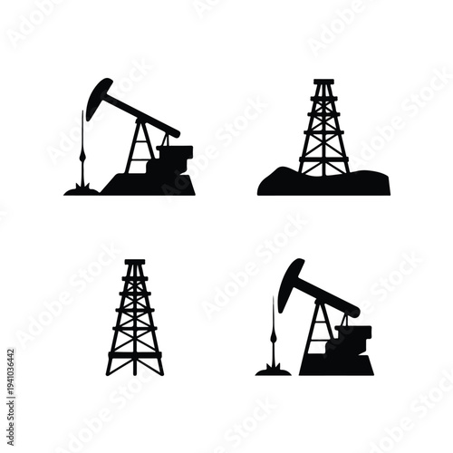 Modern oil drilling icon set featuring rig barrel pipeline energy industry symbols vector