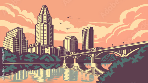 Retro Style Cityscape View Across River with Bridge and Tall Modern Building Structures at Sunset Austin Skyline