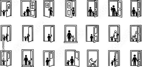 Glyph Icons: Family with Children and Baby Stroller at Doors. Black and White Line Art depicting Home, Parenting, Welcome, Opportunity, and Realty Concepts.