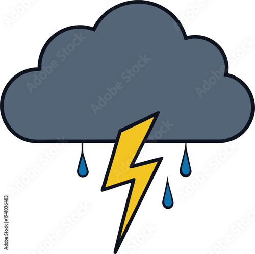 Dark gray cloud with yellow lightning bolt and blue raindrops vector illustration EPS PNG file