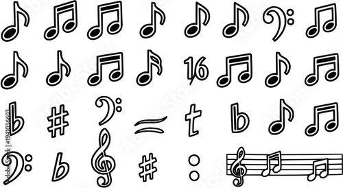 Music Notation Symbols Vector Set. Black  White Line Art Icons of Musical Notes, Clefs, Accidentals, and Staff for Design and Education