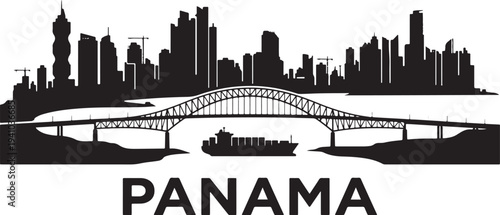 Panama City skyline with bridge and cargo ship illustration