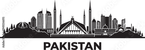 Modern Pakistan cityscape with iconic buildings and mosque