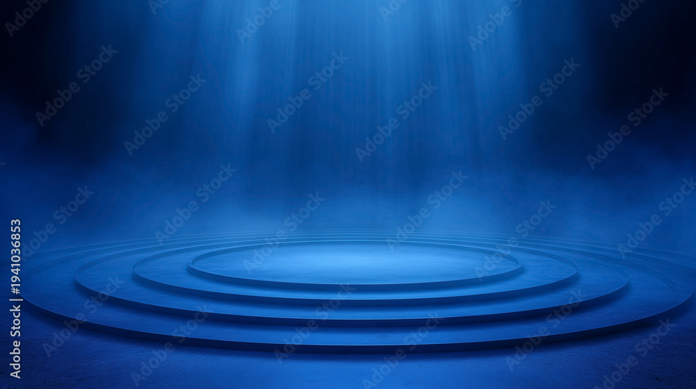 Fototapeta premium Futuristic circular podium stage with dramatic blue lighting