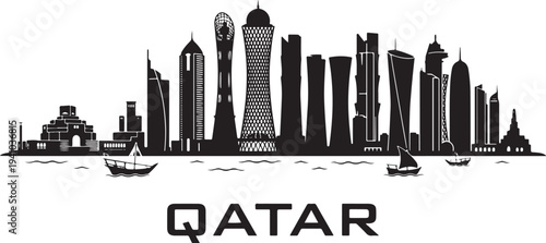 Modern Qatar cityscape with traditional boats and iconic skyline