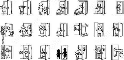 Black  White Line Art Illustrations: Children  Adults Interacting with Doors. Childcare, Parenting, Education, and Home Safety Scenarios.