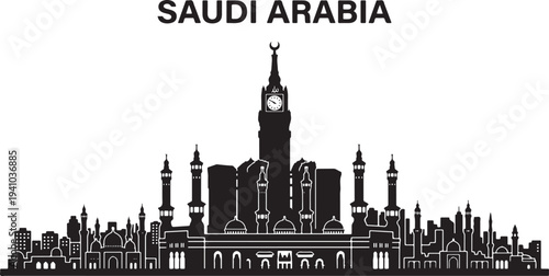 Saudi Arabia cityscape with mosque and clock tower