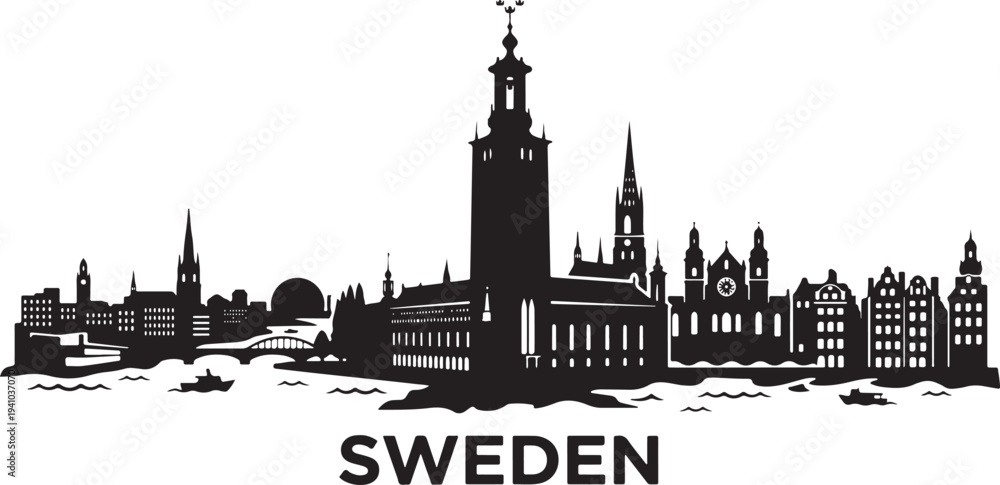 Obraz premium Black silhouette of Stockholm cityscape with modern buildings and boats