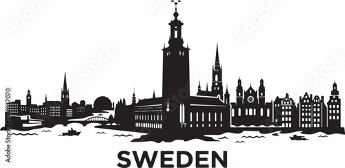 Black silhouette of Stockholm cityscape with modern buildings and boats