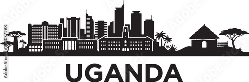 Uganda city skyline silhouette with traditional hut and palm trees
