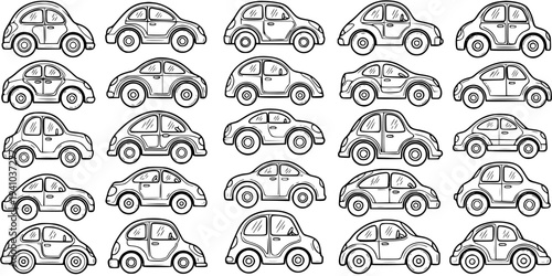 Hand-drawn Cartoon Cars  Vehicles Collection in Black and White Line Art. Automotive Transportation Doodle Set of Outline Automobiles for Kids.