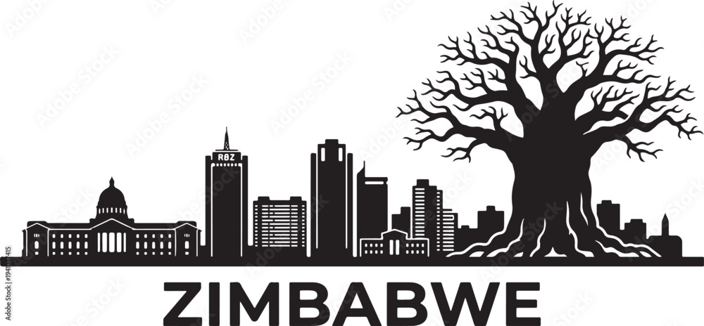 Fototapeta premium Modern Zimbabwe cityscape with iconic tree and buildings