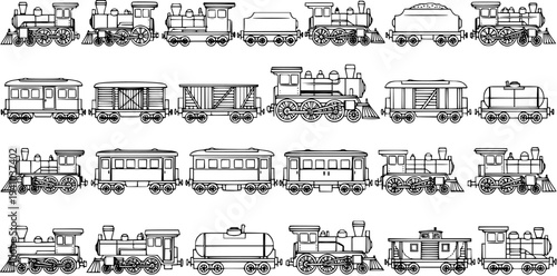 Transportation Industry Black and White Line Art Collection of Vintage Trains, Locomotives, and Railroad Cars