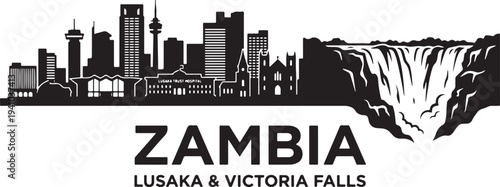 Zambia cityscape and Victoria Falls illustration