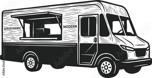 Modern food truck illustration with serving window, street food mobile kitchen vehicle in vintage black and white vector style isolated on white background