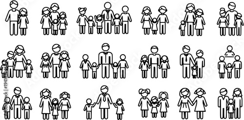 Black and white line art icons of diverse family structures, representing parenting and unity