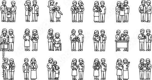 Medical Healthcare Line Art Outline Icons. Black and White Vector Illustrations featuring Doctors, Nurses, Patients, and Caregivers in health scenarios.