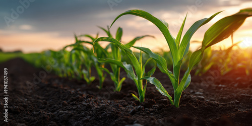 Wallpaper Mural Young corn plant sprout in fertile farmland soil at sunrise showing fresh green leaves and moist earth, evoking growth and agricultural renewal Torontodigital.ca