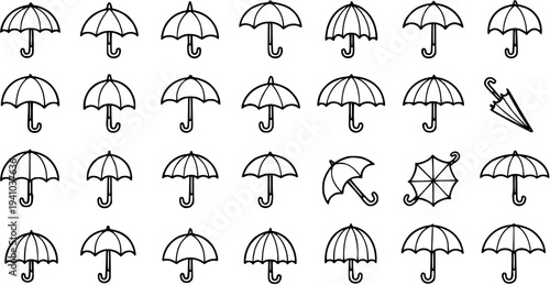 Umbrellas Black and White Line Art Icons. Set of Outline Umbrella Symbols for Weather, Fashion, and Protection Design Elements.