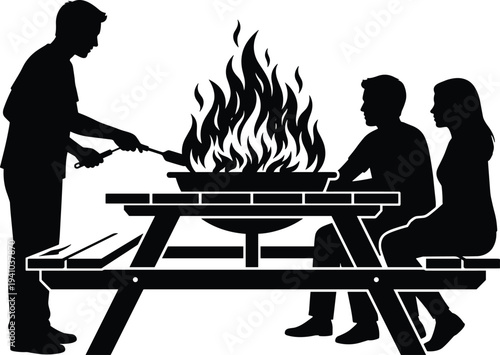 People roasting marshmallows around campfire at picnic table silhouette, friends enjoying outdoor camping bonfire gathering, black vector illustration isolated on white background