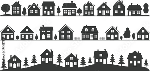 Residential houses skyline silhouette collection with suburban homes, trees and neighborhood street scenes, black vector illustration set isolated on white backgroundResidential houses skyline 
