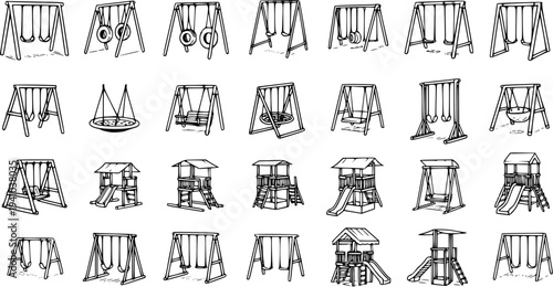 Children's Playground Equipment Line Art Collection: Various Swings, Swing Sets, and Playhouses with Slides in Black and White Doodle Style