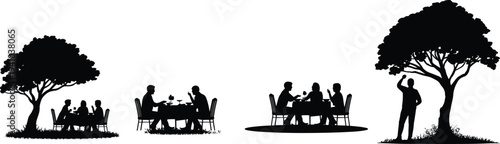People dining outdoors under trees silhouette collection, friends and family enjoying dinner at table in park or garden, black vector illustration set