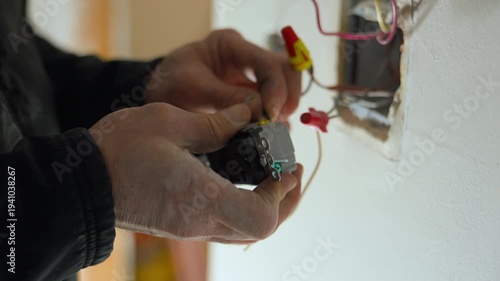 Electrician installing electrical outlet and connecting wires inside a wall box during home renovation. Close view of hands working with electrical wiring.