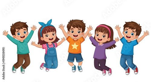 A group of five diverse happy children jumping with arms raised in celebration