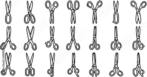 Black and White Line Art Scissors Set. Outline Hand-Drawn Scissor Icons Collection for Sewing, Crafting, Fashion, and Hairdressing Industries. Doodle Vector.