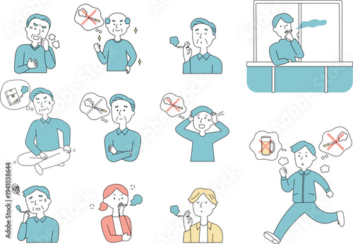 喫煙に関する人々の表情と行動セットイラスト単色