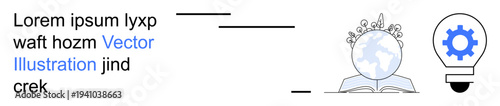 Education, innovation, global knowledge, creativity, technology, learning. An open book with a globe and leaves, alongside a lightbulb with a gear. Education and innovation