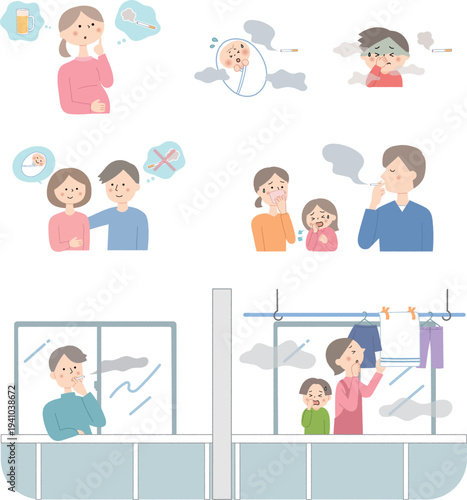 受動喫煙と健康被害、妊婦や子供への影響を表す人物イラストセット