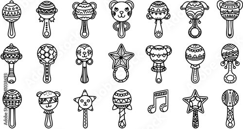 Baby Rattles and Musical Instruments Line Art Icons Set. Black and White Outline Toys for Childhood Play, Sound, and Education.